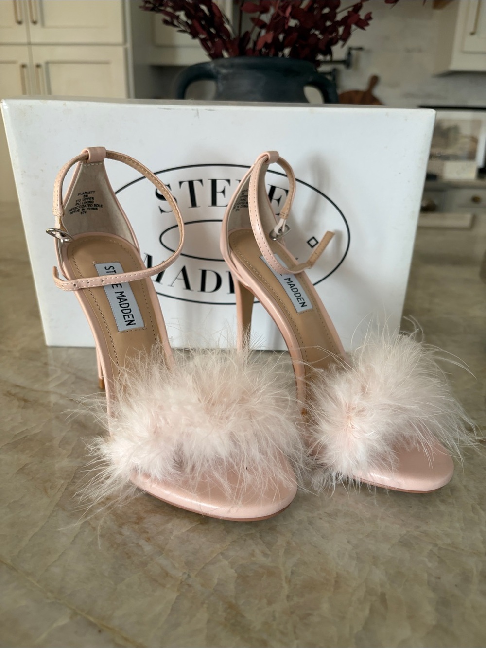Steve Madden Scarlett Blush Pink Feather Strap Stiletto Heels